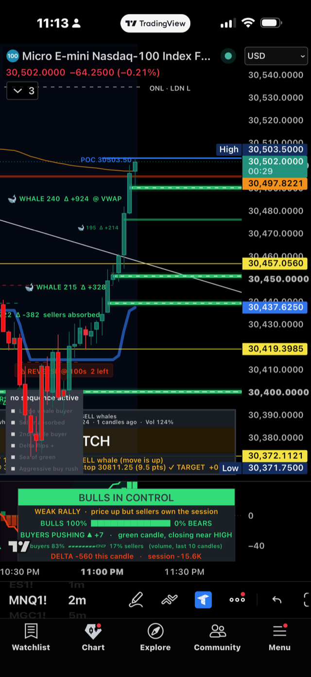 GLS Whale System on MNQ: buy whale at VWAP, sellers absorbed