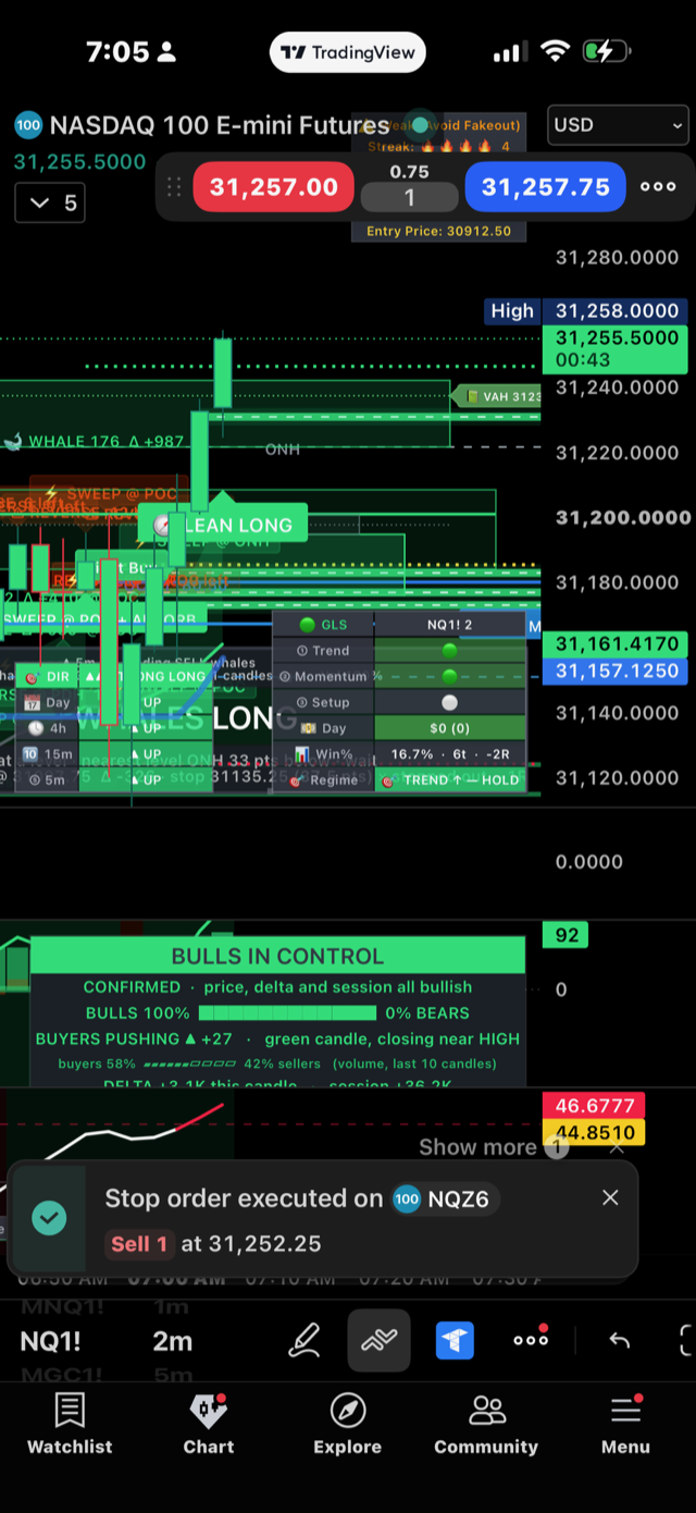 GLS Whale System on NQ: whale buy, lean long, order executed